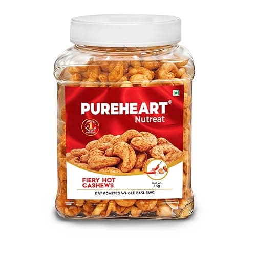 Pureheart Nutreat Fiery Hot Cashews (1 kg), Premium Spicy Roasted Masala Cashew Nuts/Kaju Dry Fruit | Protein & Fiber Rich Chili Cashews| Crunchy Snack | No Artificial Colors, Flavors, Preservatives