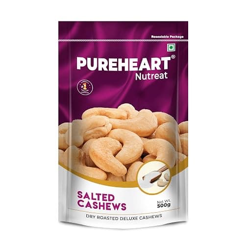 Pureheart Nutreat Roasted Salted Cashews (500 gm), Flavourful & Crunchy Snack | Premium Salted Whole Cashew Nuts/Kaju Dry Fruit | Rich in Protein & Fiber | No Artificial Colors, Flavors, Preservatives