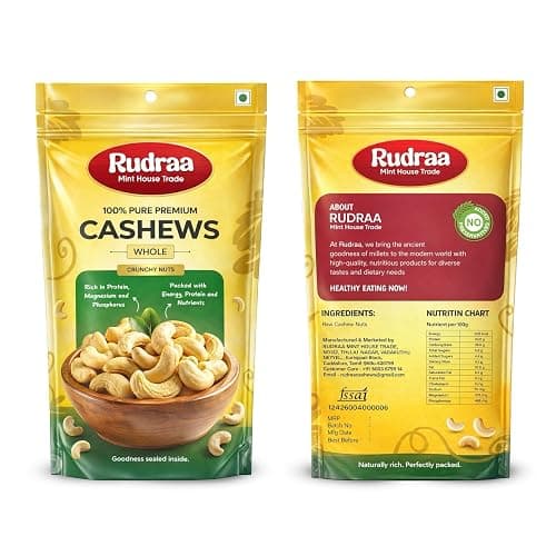 Rudraa Cashews,500g,W240,Kaju,King Size,Whole,Natural,Nutritious & Delicious, Premium Kaju nuts, Rich in Protein, Magnesium & Phosphorus, Deluxe Size & Crunchy Nuts.