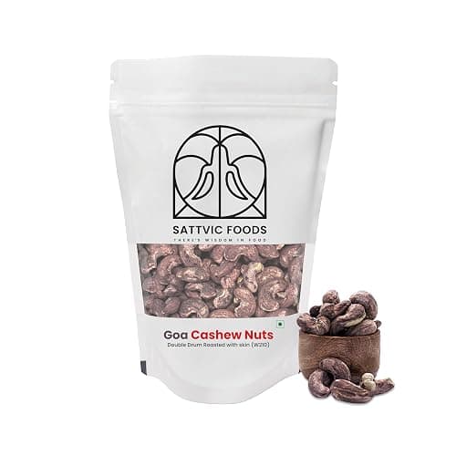 Sattvic Foods Double Drum Roasted Cashew Nuts (500 g) | W210 - Extra Large, Goan, Unsalted Cashews with Skin | Vegan, Nutrient-Rich, Antioxidants & Non-GMO | Ideal for Snacking, Cooking & Garnishing