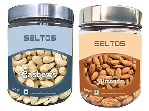 SELTOS-Dry Fruits , W240-Natural Cashew 500gms. and California Almond 500gms. Super Saver Combo Pack (Badam & Kaju) in Jar Packing.