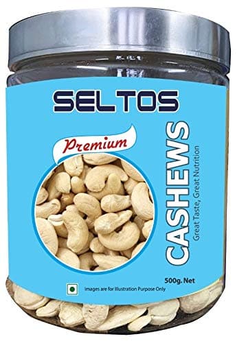 SELTOS Natural Premium Large Size Whole Cashews W240, Kaju,Cashew Nuts, Dry Fruits (500g in Reusable Strong Jar).