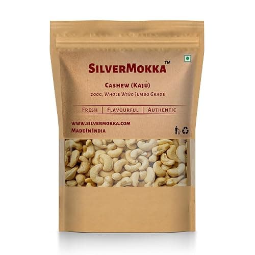 SilverMokka Premium Whole Cashew (Kaju) - W180 Jumbo Grade 200g | Authentic, Fresh & Premium | Rich Taste, Crunchy & Handpicked | Zip-Lock Pouch |