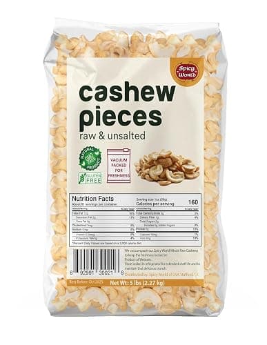 Spicy World Raw Cashew Pieces 5 LB Bulk Bag - Unique Vacuum Package To Retain Freshness! Natural, Raw & Unsalted Cashews for Cooking, Baking & Topping, Gluten Free, Vegan, Keto, Paleo
