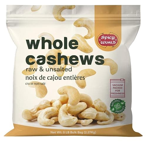 Spicy World Raw Cashews 5 LB (80oz) Bulk - Non-GMO, Gluten Free, Peanut Free, No Additives, Unsalted Natural & Pure Whole Cashews - Great for Pesto, Salads, Baking, Roasting & Cooking