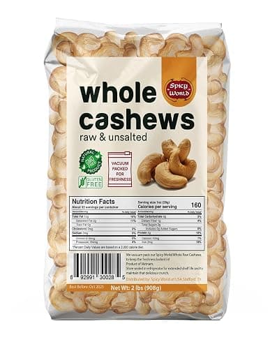 Spicy World Raw Cashews Whole 2 Pound (32oz) - Non-GMO, Unsalted, Natural & Pure Whole Cashews - Great for Pesto, Salads, Baking, Roasting & Cooking