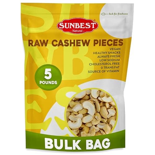 Sunbest Natural Raw Cashew Halves & Pieces, 5 lbs – Unsalted & Unroasted – Bulk Cashews to Eat – For Party Snacks, Baking & Topping – Rich in Plant-Based Protein & Fiber (80 oz)