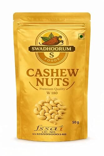 SWADHOORUM FOODS Premium Whole Cashew Nuts, W180 Grade, Natural Flavour, Roasted, Whole Form, 50g