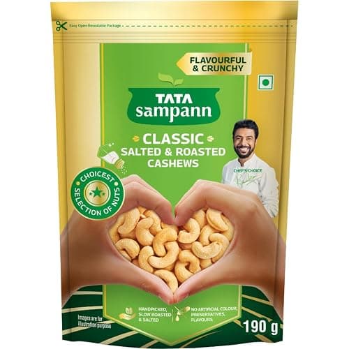 Tata Sampann Classic Salted & Roasted Cashews/Kaju, Flavourful & Crunchy Snack Handpicked, Salted & Slow Roasted Cashews Rich in Protein, Magnesium, and Phosphorus, No Artificial Colours, Preservatives & Flavours, 190g