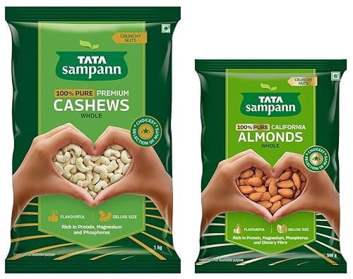 Tata Sampann Pure Cashews Whole| 1kg Value Pack & Tata Sampann Pure California Almonds Whole & Dry Fruits | 500g