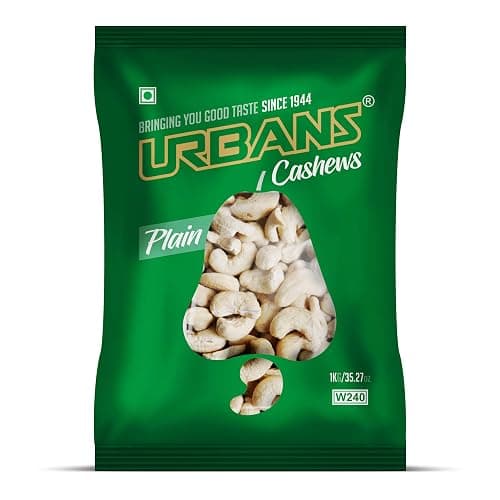 URBANS Premium Export Quality W240 Grade Plain Whole Cashew Nuts Big Size Natural Large Grade Kernels Kaju (1Kg)
