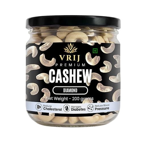 VRIJ Premium Cashew Nuts - Diamond | 200G | W180 | Biggest and Sweetest in Taste | Fresh, Crunchy & Delicious | Origin: Benin | Perfect for Snacking & Cooking