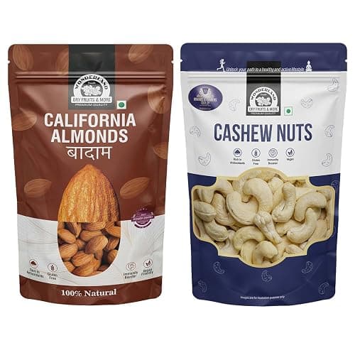 Wonderland Foods 1Kg (500g X 2) California NP Almonds & Whole Raw Cashew (Kaju) W320-Grade | Combo Pack
