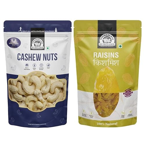 Wonderland Foods 1Kg (500g X 2) Dry Fruits Combo Pack of Plain Raisins Kishmish & Raw Cashews