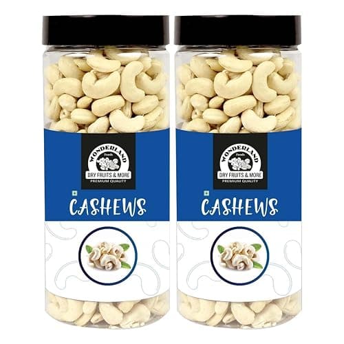 Wonderland Foods 1Kg (500g X 2) Whole Raw Cashew (Kaju) W320-Grade Jar | Dry Fruits