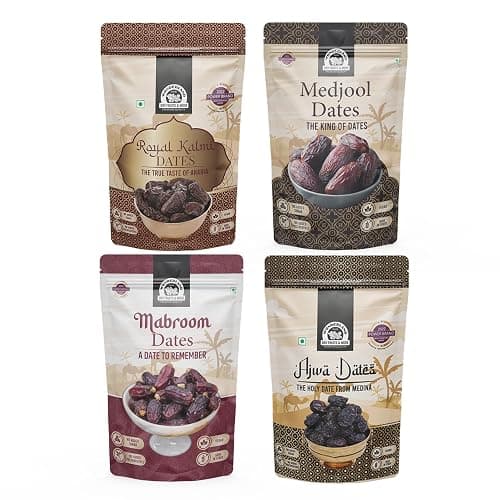 Wonderland Foods 800g (200g X 4) Premium Dates Combo of Mabroom, Kalmi (Safawi), Medjool & Ajwa Dates Pouch | Healthy & Nutritious Soft Khajoor | Khajur Rich In Iron, Fibre & Vitamins