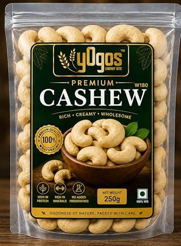YOGOS Premium Cashew Kaju Natural 250g Whole Cashews W180 Contains Tree Nuts Rich in Protein Zero Cholesterol Whole Unroasted and Unsalted