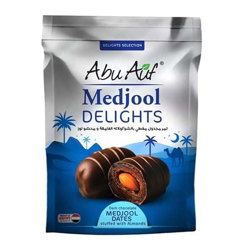Abu Auf Medjool Dates Dark Chocolate Stuffed With Almonds Premium Egypt Natural AbuAuf Tea Coffee No Gmo Kosher Halal (1 Pack = 8.11 oz / 230 gm) أبوعوف تمر مجدول مغطى بالشوكولاتة الغامقة ومحشو لوز