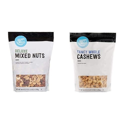 Amazon Brand Happy Belly Deluxe Mixed Nuts (44 Ounce) and Fancy Whole Cashews (2.75 Pound)