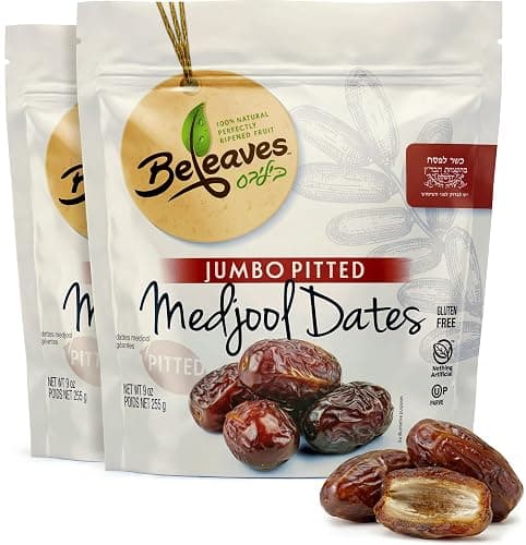 Beleaves Jumbo Pitted Medjool Dates, 9 oz (2 Pack) | Great for Stuffing | Naturally Sweet | | Vegan, Gluten Free, Kosher, Nothing Artificial | Healthy Snack, Baking & Salad Ingredient | Resealable Freshness Pouch