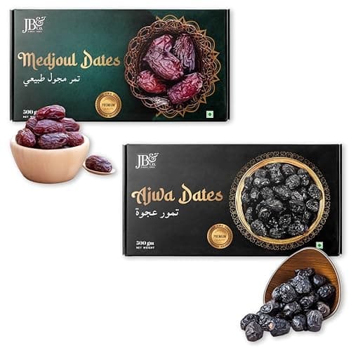 JB&CO Ajwa & Medjool Dates Combo | Premium Arabian Khajoor | Soft, Jumbo & Naturally Sweet | High Fiber Energy Snack 1kg Combo (Pack 500gx2)