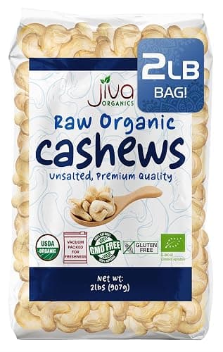 Organic Raw Cashews 2 LB Bag, Gluten-Free, Non-GMO, Vegan, Whole Raw Nuts, Unsalted, Unroasted, Crunchy & Healthy Snack, For Baking & Cooking by Jiva Organics