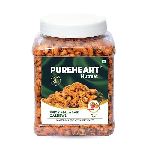 Pureheart Spicy Malabar Cashews 1kg | Roasted Masala Kaju with Curry Leaves | Premium Crunchy Flavored Cashew Nuts | Healthy Snack, Protein Rich Dry Fruits | Spicy Roasted Nuts Pack