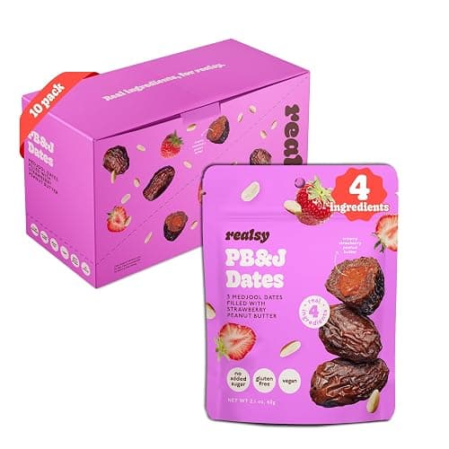 Realsy Peanut Butter and Jelly Stuffed Medjool Dates, Organic Dates with No Sugar Added, Gluten-Free, Vegan, All Natural Healthy Snack Single Wrapped (40 ct) (Strawberry Peanut Butter)