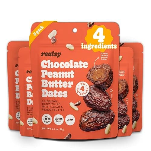 Realsy Pitted & Stuffed Medjool Dates, Organic Dates with No Sugar Added, Gluten-Free, Vegan, Good Source of Fiber, Low Glycemic Index, All Natural Healthy Snack (Chocolate Peanut Butter 5 pack)