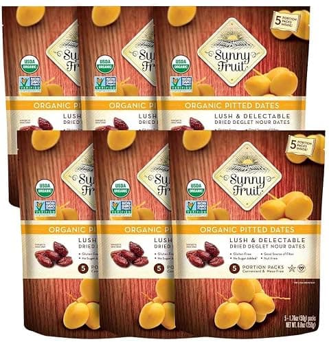 Sunny Fruit Organic Pitted Deglet Nour Dates, 6 Bags (30 Portion Packs)