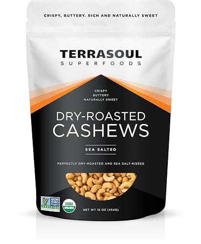 Terrasoul Superfoods Organic Dry-Roasted & Lightly Salted Cashews, 16oz Resealable Pouch - Perfect for Snacking, Baking, and On-the-Go Fuel