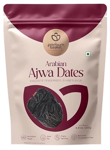 The Premium Basket Arabian Ajwa Dates, 250 g (8.82 oz) | Naturally Sweet | Source of Dietary Fiber | Fat Free | Cholesterol Free | Premium Dates